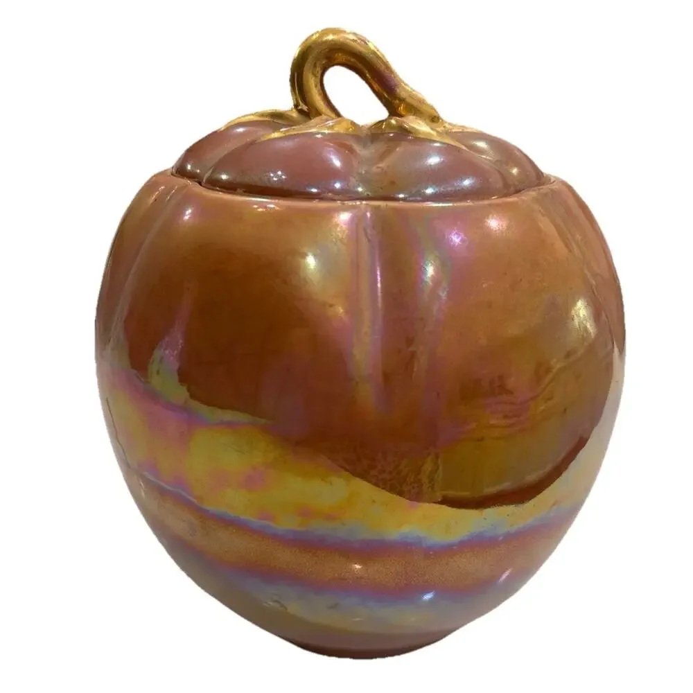 Vtg Fall Pumpkin Canister Orange Lusterware Iridescent Gold Lid Stem Cookie Jar‎